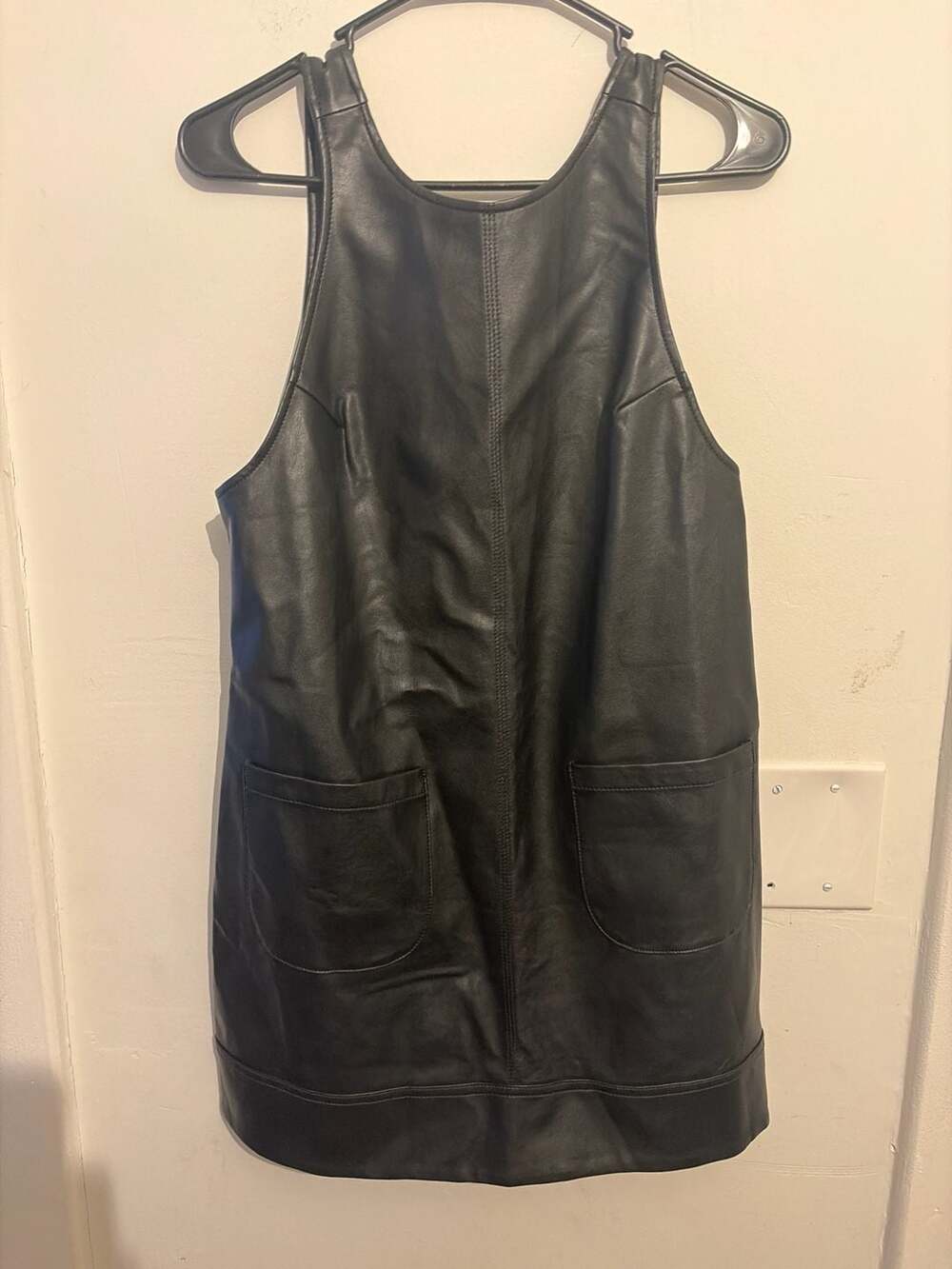 Free People Black We The Free Retro Vegan Leather Pockets Pinafore Mini Dress